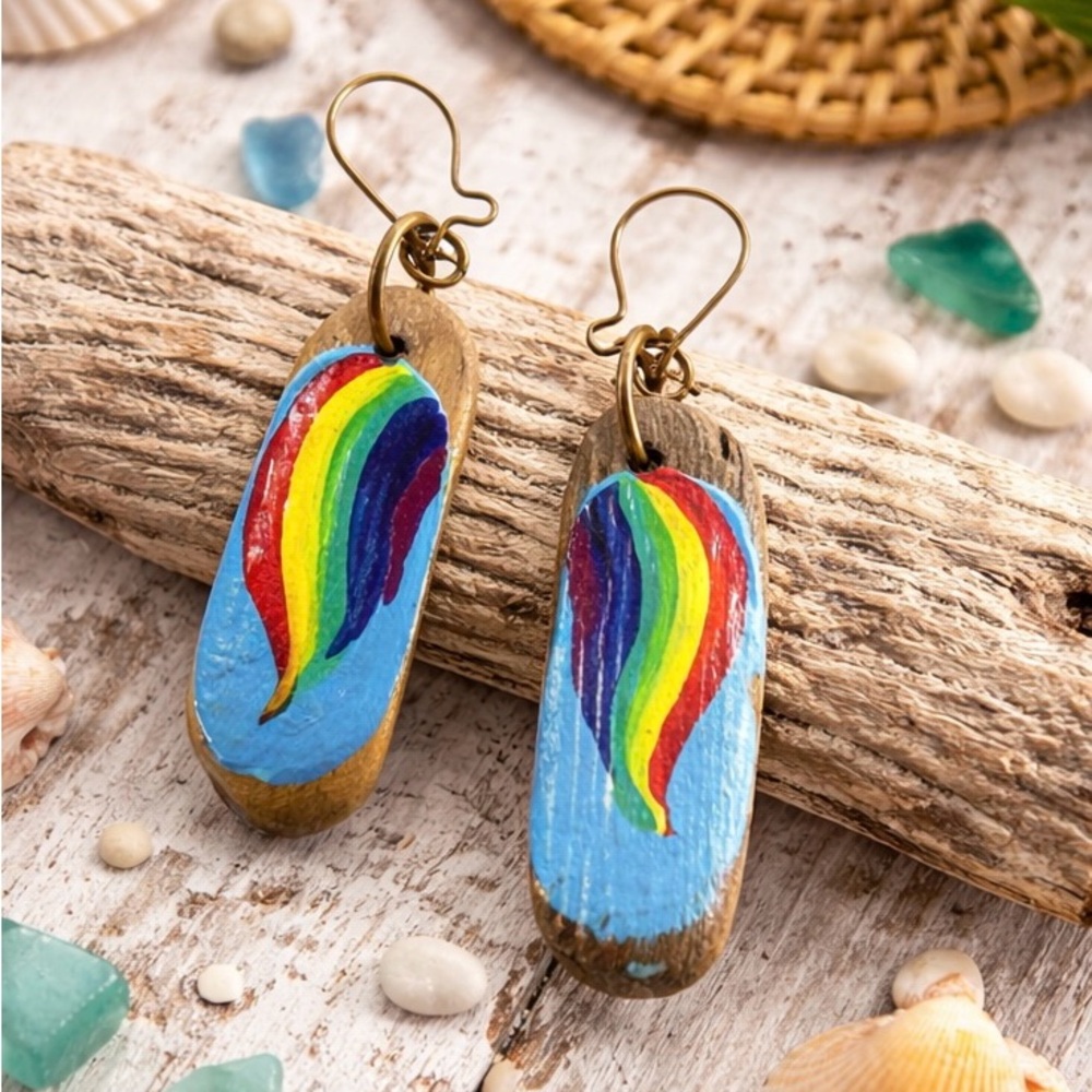 Hand Painted Driftwood Dangle Earrings Rainbow Feather Boho Artisan